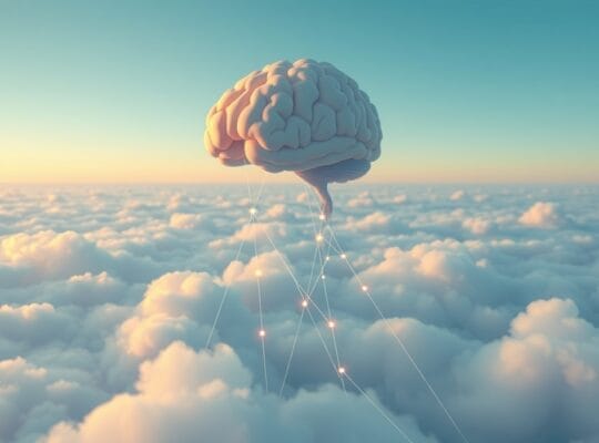 Pastelowy mózg unosi się nad chmurami połączony nitkami światła, symbolizując intuicję i podświadomość.