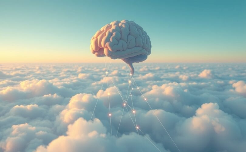 Pastelowy mózg unosi się nad chmurami połączony nitkami światła, symbolizując intuicję i podświadomość.
