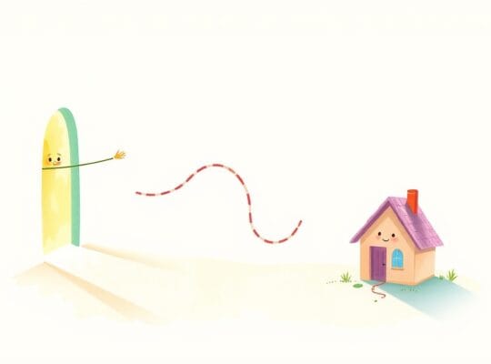 Pastelowa ilustracja: dwie postacie połączone nitką, tęsknota i zadowolenie symbolizują ambiwalencję.