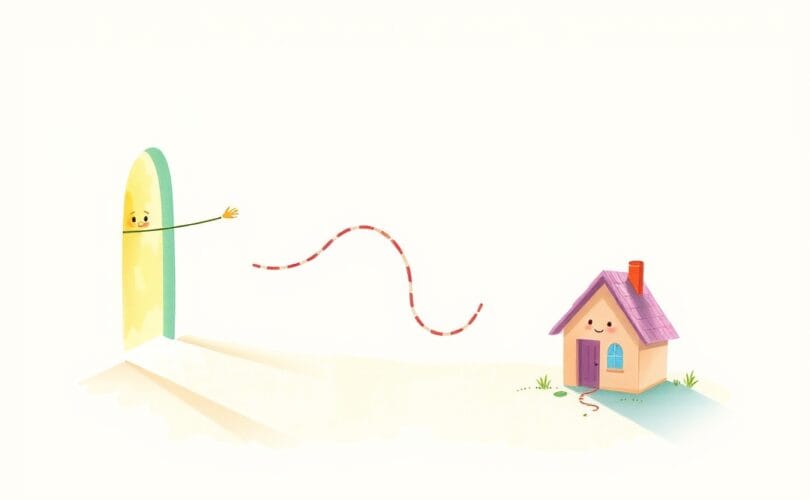 Pastelowa ilustracja: dwie postacie połączone nitką, tęsknota i zadowolenie symbolizują ambiwalencję.