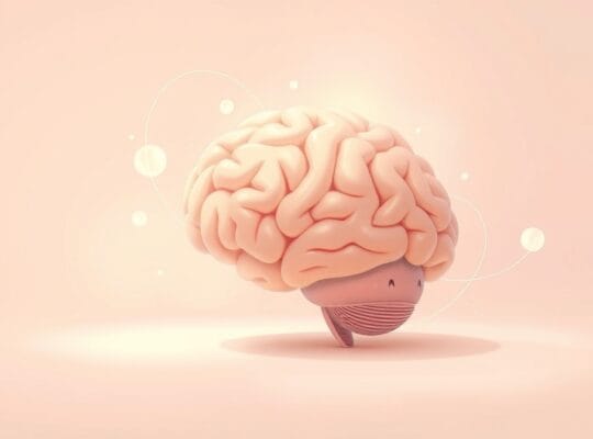 Stylizowany mózg otoczony pastelowymi, świetlistymi formami symbolizującymi skupienie.