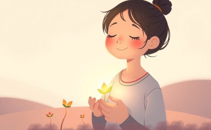 Postać w otoczeniu łagodnych świateł i pędów, symbolizująca budowanie pozytywnego nastawienia przez samoświadomość i wdzięczność.