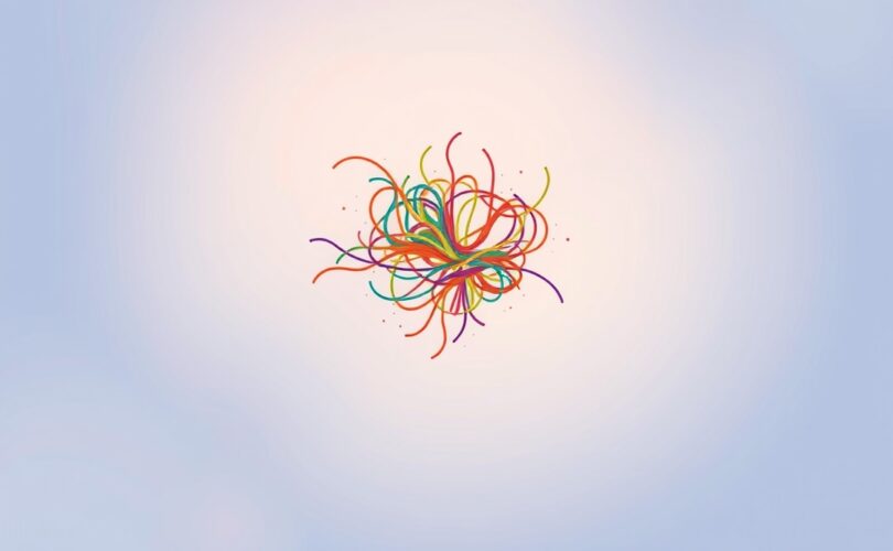 Abstrakcyjna ilustracja w pastelach: umysł uwalnia splątane myśli, symbolizując spokój.