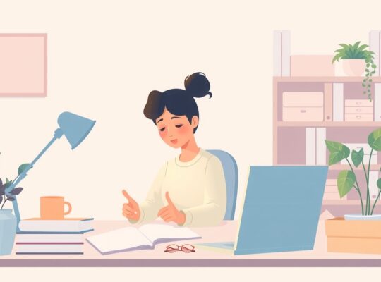 Osoba buduje odporność na stres w pracy przy uporządkowanym biurku, z roślinami i światłem.