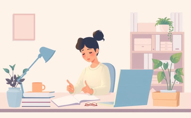 Osoba buduje odporność na stres w pracy przy uporządkowanym biurku, z roślinami i światłem.