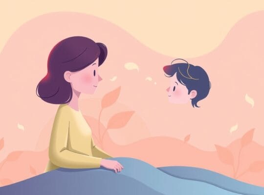 Dwie postacie połączone nicią zrozumienia, pastelowe tło.