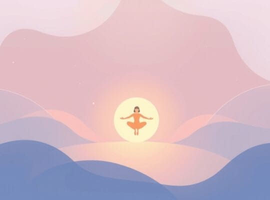 Stylizowana ilustracja łagodnie unoszącej się postaci w pastelowej przestrzeni, symbolizująca spokój.