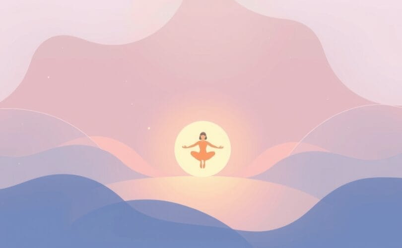 Stylizowana ilustracja łagodnie unoszącej się postaci w pastelowej przestrzeni, symbolizująca spokój.