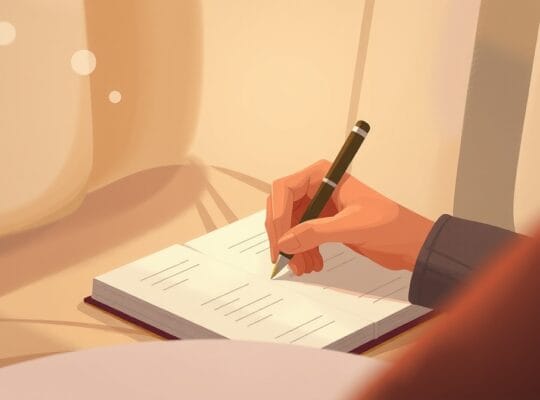 Ręka pisze w dzienniku wśród pastelowych myśli.