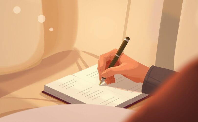 Ręka pisze w dzienniku wśród pastelowych myśli.