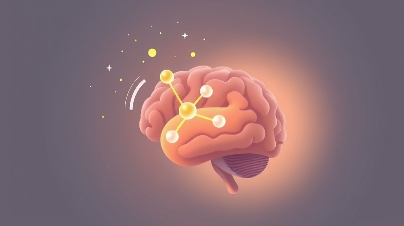 Delikatnie jarząca się adenozyna otula śpiący mózg, symbolizując zmęczenie i wpływ kofeiny.