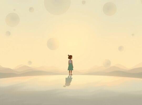 Samotna postać w pastelowym krajobrazie, emanująca wewnętrznym światłem, symbol akceptacji siebie.