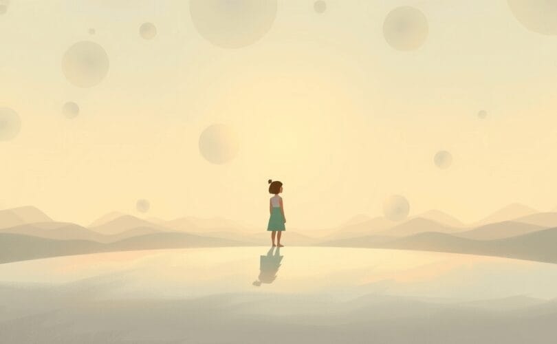 Samotna postać w pastelowym krajobrazie, emanująca wewnętrznym światłem, symbol akceptacji siebie.