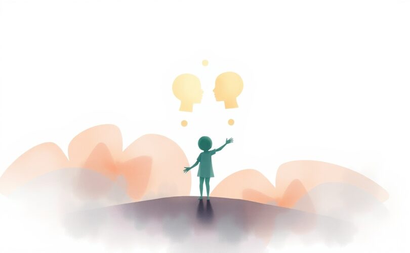 Rozmyta sylwetka sięga po świetliste kształty, symbolizując trudność w identyfikacji emocji.