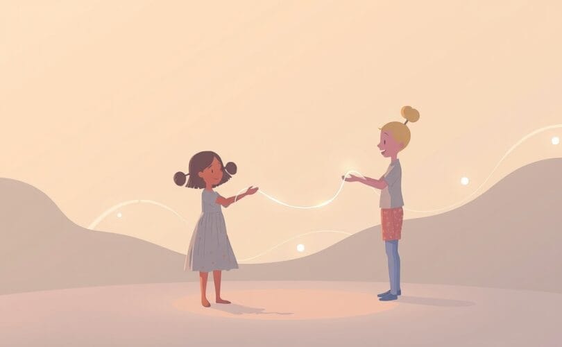 Abstrakcyjne postacie połączone świetlistymi nićmi, symbolizujące pomoc i wsparcie.