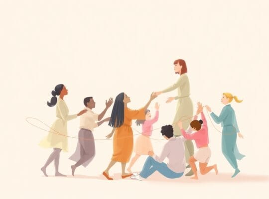Stylizowane postacie w pastelowych barwach, symbolizujące altruizm i wzajemną pomoc.