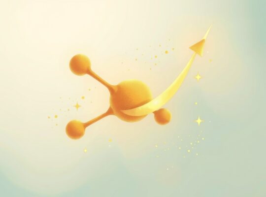 Malowana ilustracja, stylizowana, świecąca molekuła szczęścia niczym uścisk, spokojne tło.