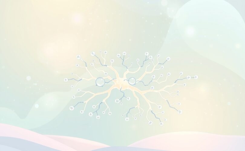 Symboliczna grafika: molekuły słodzika w delikatnym dialogu z mózgiem, pastelowe kolory.