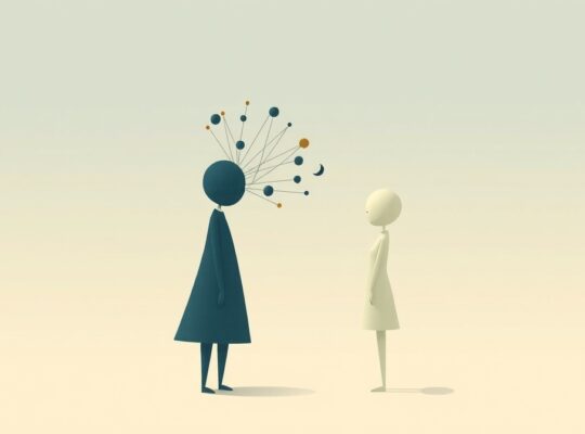 Abstrakcyjne figury: większy cień symbolizuje wiedzę dominującą nad drugą, zacienioną postacią.