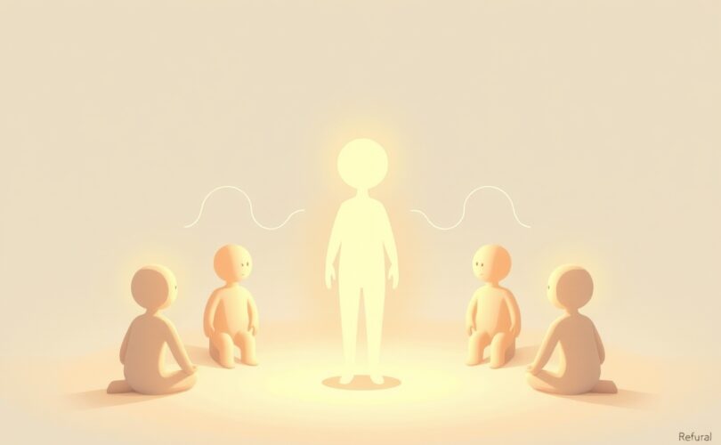 Subtelna ilustracja pastelowa: autorytet jako światło wiedzy, kształtujące innych.