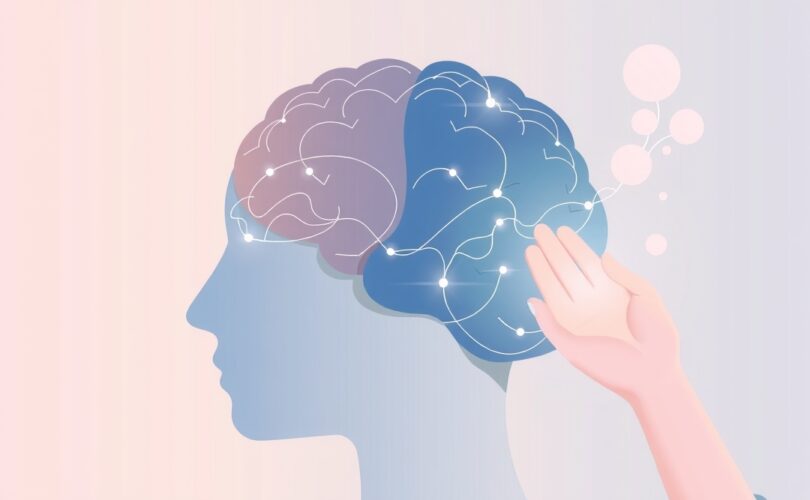 Stylizowany mózg, jasne ścieżki neuronowe, jedna przyciemniona, inna prowadzona do równowagi.