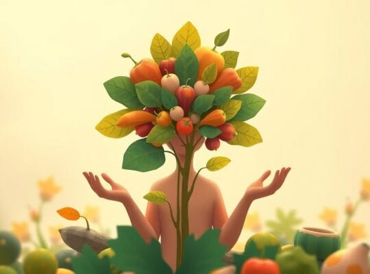 Ilustracja pastelowa: dłoń wita pożywny, owocowy liść, zdrowa relacja z jedzeniem.