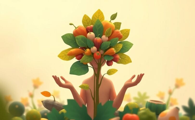 Ilustracja pastelowa: dłoń wita pożywny, owocowy liść, zdrowa relacja z jedzeniem.