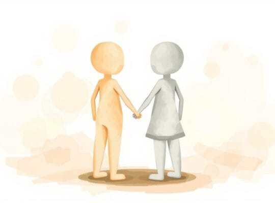 Dwie abstrakcyjne postacie w pastelach tworzą ochronny krąg dłońmi, symbolizując wsparcie i bliskość.