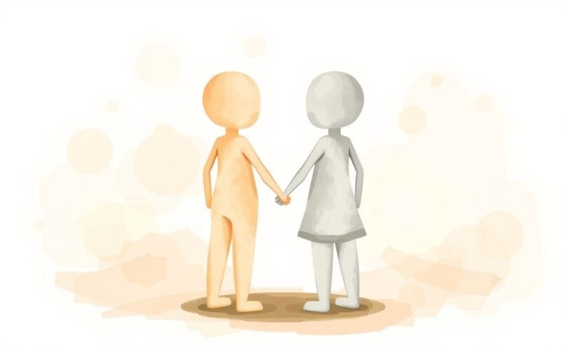 Dwie abstrakcyjne postacie w pastelach tworzą ochronny krąg dłońmi, symbolizując wsparcie i bliskość.