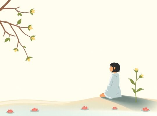 Figurka w pastelach nad spokojnym jeziorem, symbolizująca odrodzenie i siłę wewnętrzną.