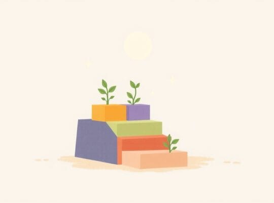 Ścieżka z kolorowych klocków, delikatne kiełkujące pędy, spokojny horyzont.