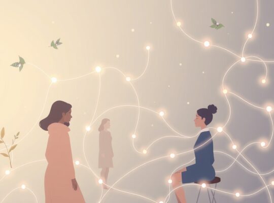 Digitalne, świetliste nici łączą stylizowane postacie symbolizujące online relacje.