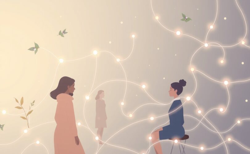 Digitalne, świetliste nici łączą stylizowane postacie symbolizujące online relacje.