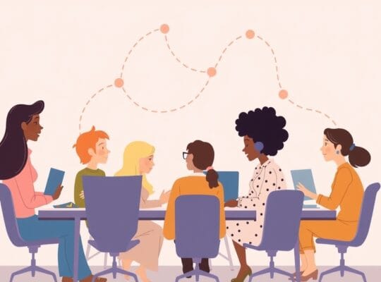 Ilustracja pastelowa: zróżnicowane postacie łączą się w harmonijnym tańcu współpracy.