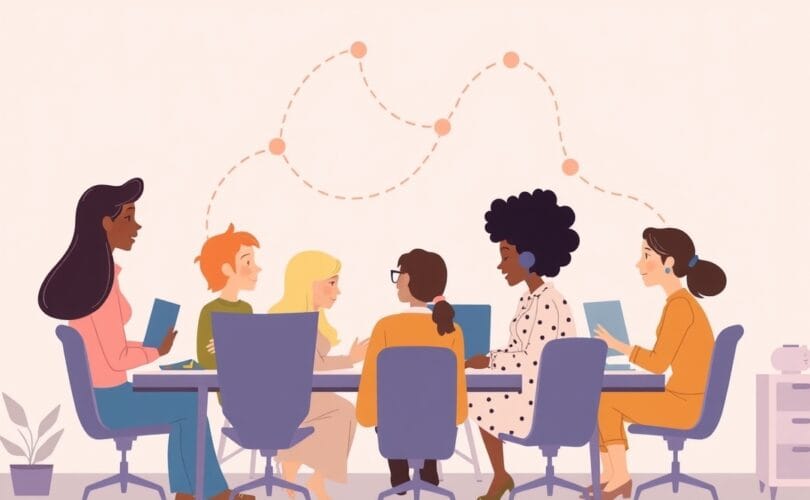 Ilustracja pastelowa: zróżnicowane postacie łączą się w harmonijnym tańcu współpracy.