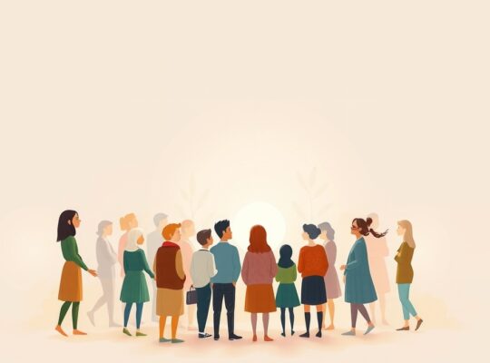 Symboliczna ilustracja charyzmatycznego przywództwa, łagodna postać promieniująca, przyciągająca zróżnicowane kształty.