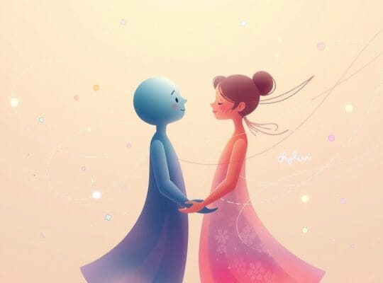 Abstrakcyjne postacie połączone delikatnymi liniami i symbolami chemicznymi, ilustrujące dynamikę relacji.