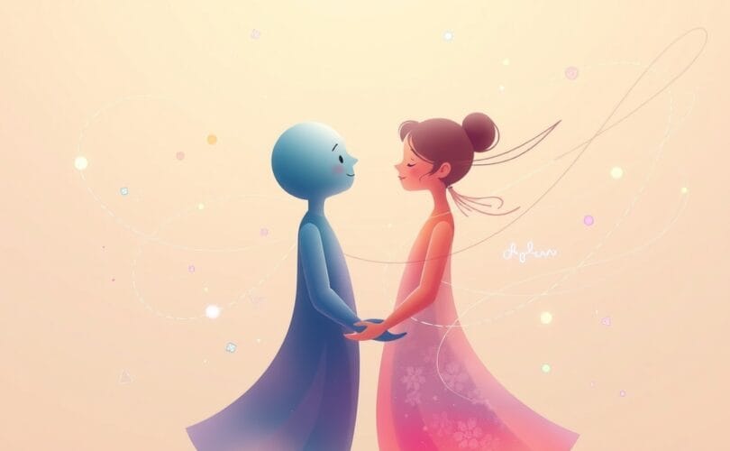 Abstrakcyjne postacie połączone delikatnymi liniami i symbolami chemicznymi, ilustrujące dynamikę relacji.