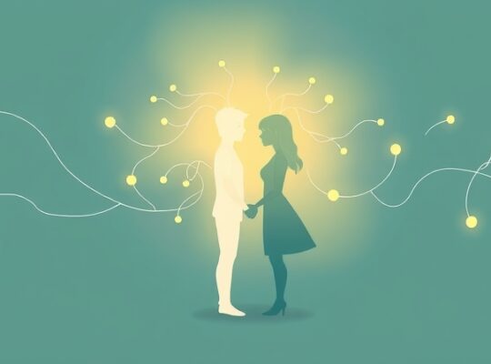 Abstrakcyjne ścieżki neuronowe łączące dwie świetliste postacie, symbolizujące więzi pamięci i relacji.