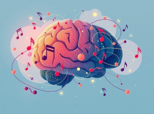 Abstrakcyjna ilustracja mózgu jako orkiestry, nuty i symbole chemiczne łączą się harmonijnie.