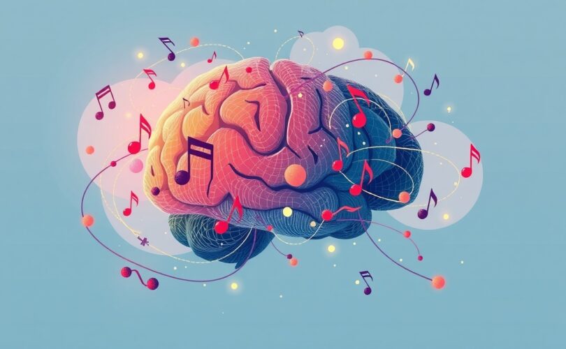 Abstrakcyjna ilustracja mózgu jako orkiestry, nuty i symbole chemiczne łączą się harmonijnie.
