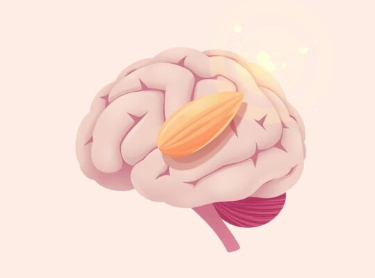 Stylizowane ciało migdałowate mózgu, emanujące ciepłym światłem, symbolizuje lęk społeczny.