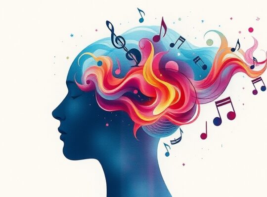 Abstrakcyjna ilustracja symbolizująca relację ciszy i muzyki z pracą mózgu.