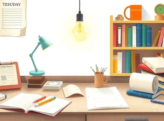 Uroczy, lekko nieporządny stół, ozdobiony książkami i papierami, z unoszącą się żarówką jasności.