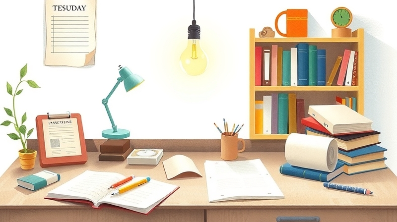 Uroczy, lekko nieporządny stół, ozdobiony książkami i papierami, z unoszącą się żarówką jasności.