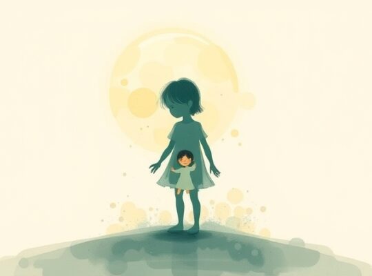 Syboliczna ilustracja: dorosły otoczony eterycznym blaskiem, w środku postać dziecka.