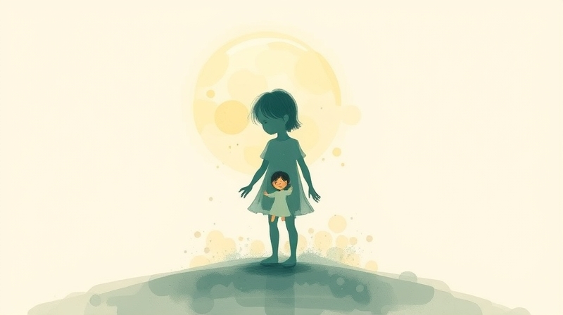 Syboliczna ilustracja: dorosły otoczony eterycznym blaskiem, w środku postać dziecka.