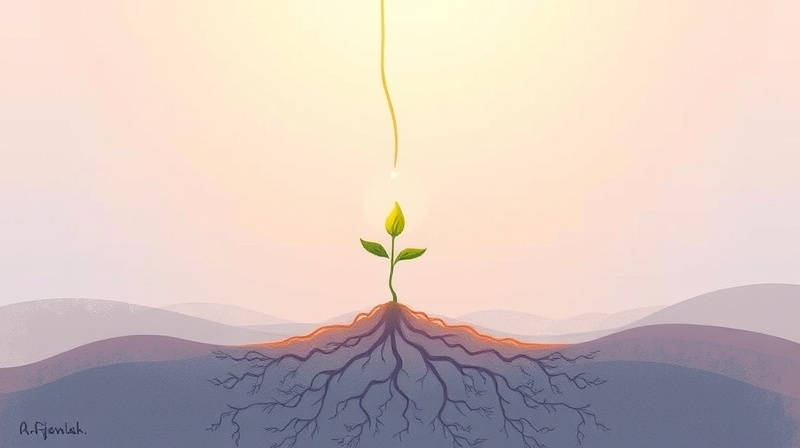 Świecące ziarno podlewane światłem, delikatne korzenie – nadzieja na wzrost.