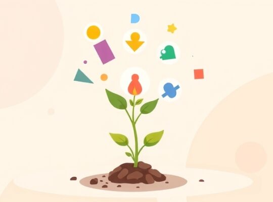 Niemówiąca roślina ożywiana przez kolorowe kształty symbolizujące terapię i wsparcie.