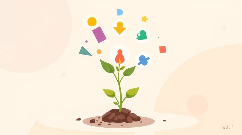 Niemówiąca roślina ożywiana przez kolorowe kształty symbolizujące terapię i wsparcie.